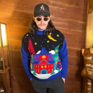 VINTAGE 80s Starry City Night Sweater Size L Retro Geometric Streetwear Knit